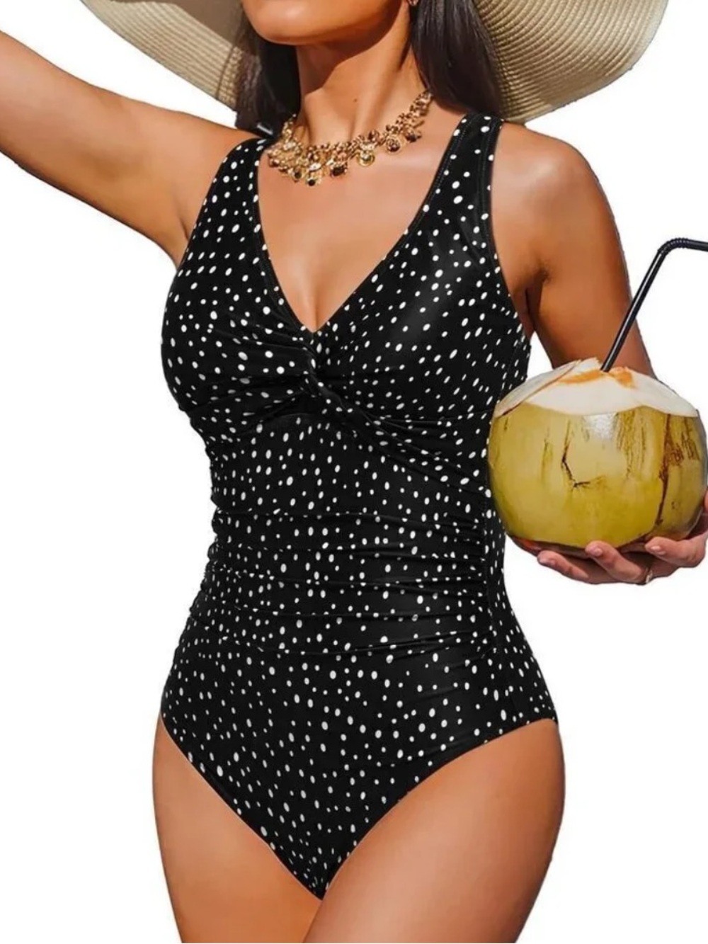 Black Polka Dot One-Piece Swimsuit - Classic V-Neck for Women